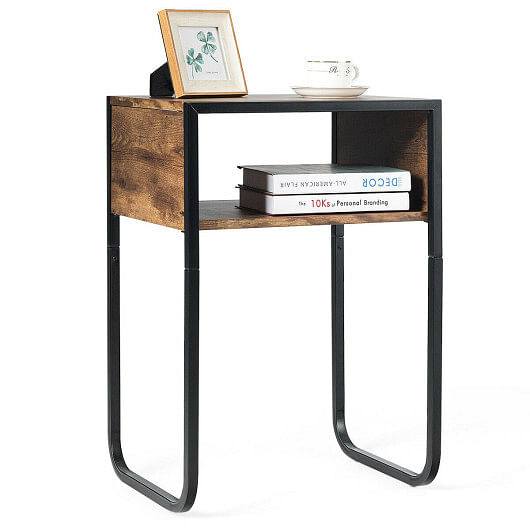 Industrial Side Table with Anti-Rust Steel Frame and Open Storage