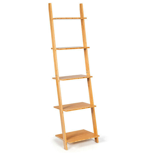 5-Tier Modern Bamboo Wall-Leaning Display Ladder Bookshelf