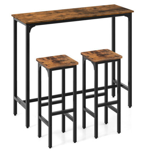 3 Pieces Industrial Bar Table and Chairs Set with Metal Frame-Rustic Brown