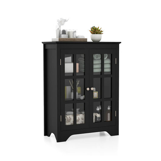 Freestanding Display Storage Cabinet with 2 Glass Doors and Adjustable Shelves-Black