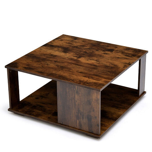 2 Tiers Square Coffee Table with Storage and Non-Slip Foot Pads-Rustic Brown