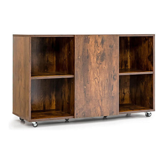 Wood Storage Cabinet with Wheels and 6 Compartments-White