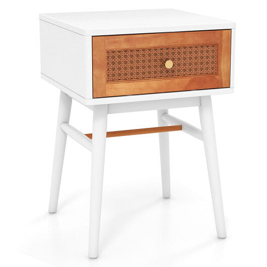 1-Drawer Modern Bedside Table with Solid Wood Legs-White