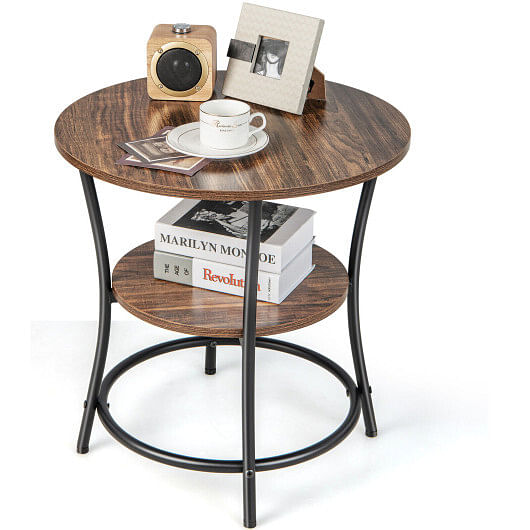 2-Tier Round End Table with Open Storage Shelf and Sturdy Metal Frame-Natural