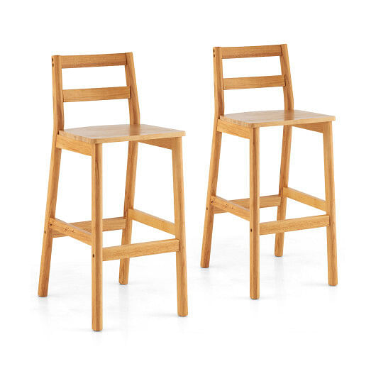 Set of 2 28″ Rubber Wood Armless Bar Stools with Backrest and Footrest-Natural