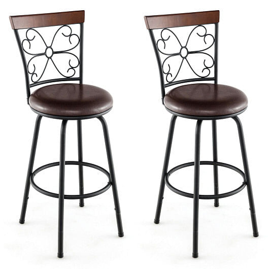 2 Pieces 24-30 Inch Adjustable PU Cushioned Swivel Barstools-Brown