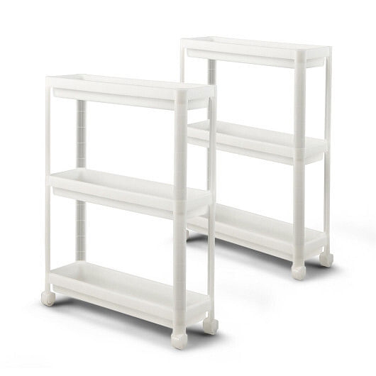 2 Pieces 3-Tier Slim Detachable Storage Cart with Drainage Holes and Wheels-White