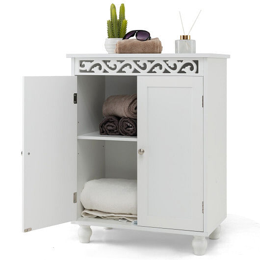 Freestanding Bathroom Cabinet Floor Storage Organizer with Adjustable Shelf and Solid Wood Legs-White