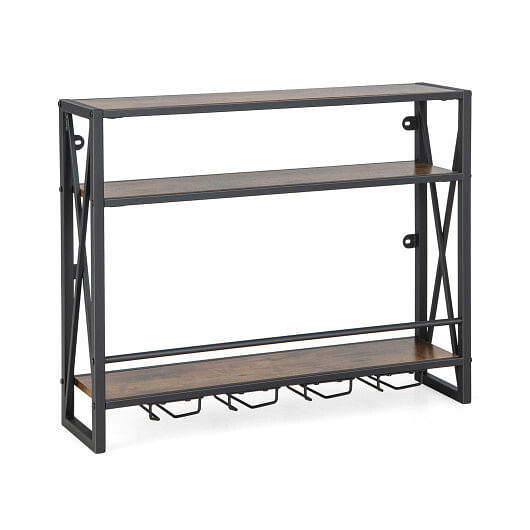 3-Tiers Industrial Wall Mounted Wine Rack with Glass Holder and Metal Frame