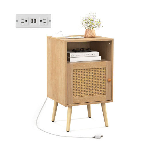 Rattan Nightstand with Charging Station Bedside Table with USB Ports and PE Rattan Door-Natural