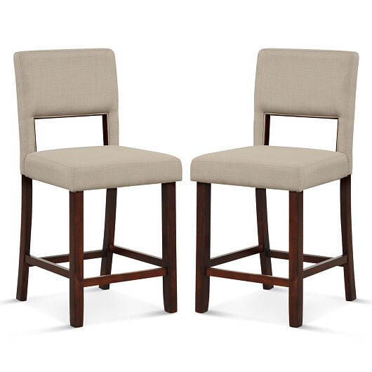 2 Piece Bar Chair Set with Hollowed Back and Rubber Wood Legs-Beige