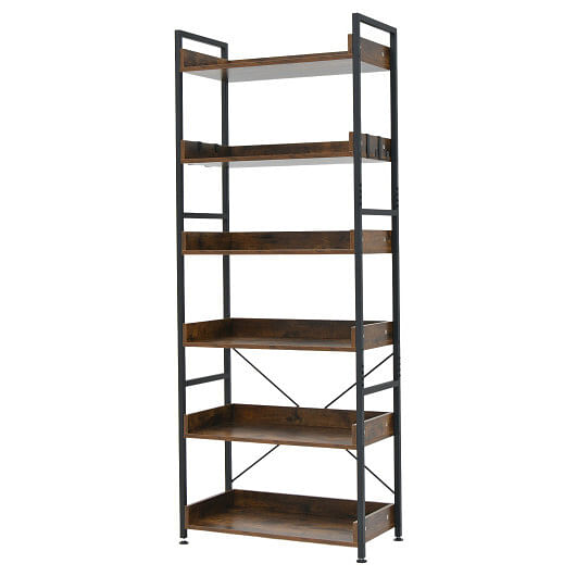 6-Tier Tall Industrial Bookcase with Open Shelves and 4 Hooks-Brown