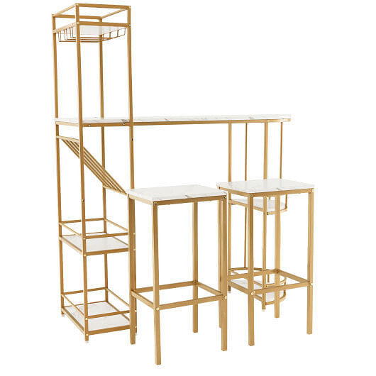 3 Pieces Bar Table Set with Storage Shelves and Wine Rack-Golden