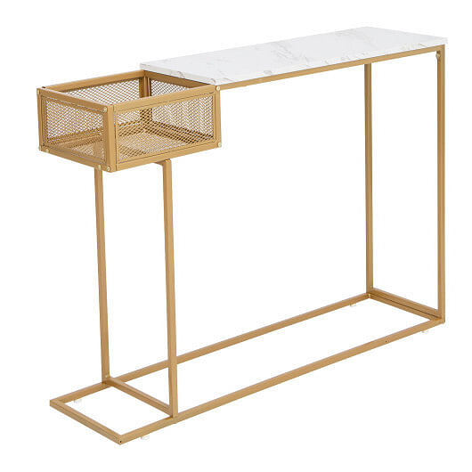 Rectangular White Faux Marble Console Table with Storage-Gold