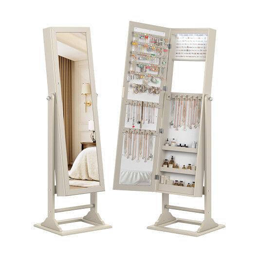 Freestanding Lockable Jewelry Armoire with Full-Length Mirror and 6 LED Lights-Natural