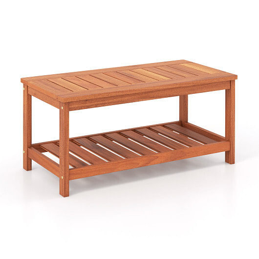 2-Tier Patio Coffee Table with Slatted Tabletop and Shelf