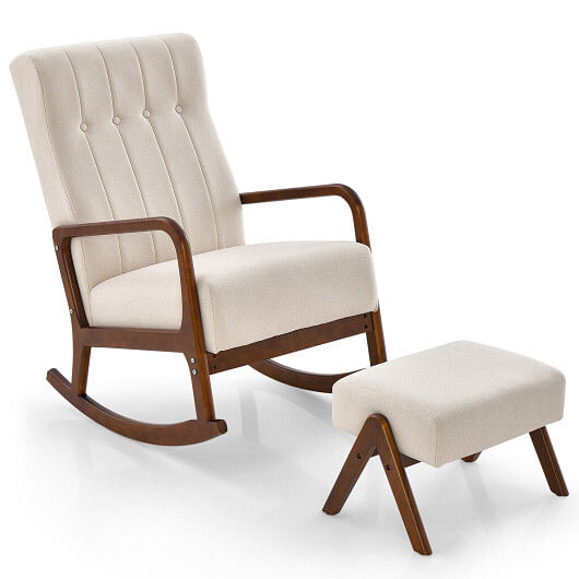 Rocking Chair with Ottoman and Solid Rubber Wood Frame and Padded Cushion-Beige