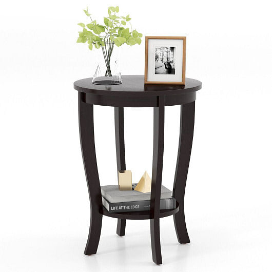 2-tier Round End Table with Solid Wood Legs-Espresso