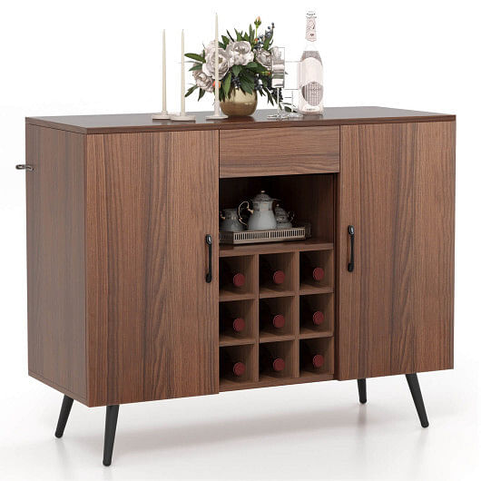 Mid-century Modern Buffet Sideboard Server Cabinet with 9-Bottle Wine Rack-Walnut