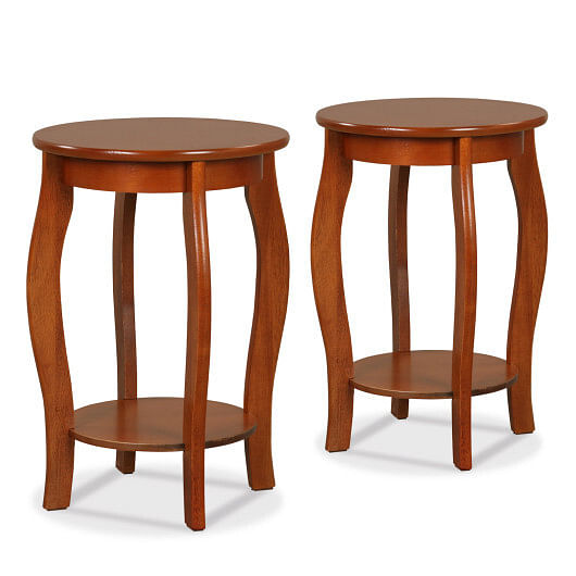 Set of 2 15 Inch 2-Tier Round End Table with Storage Shelf-Walnut