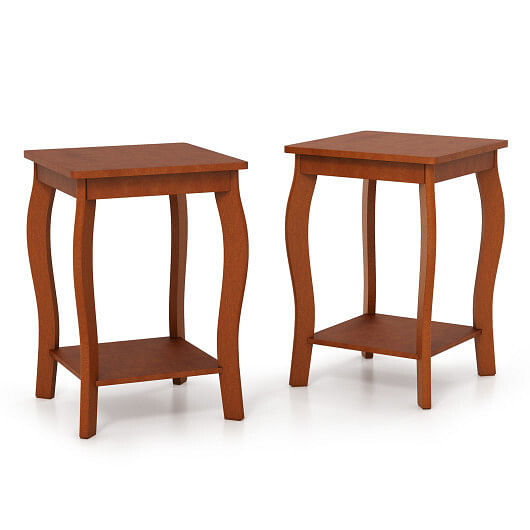 15 Inch 2-Tier Square End Table with Storage Shelf Set of 2-Walnut