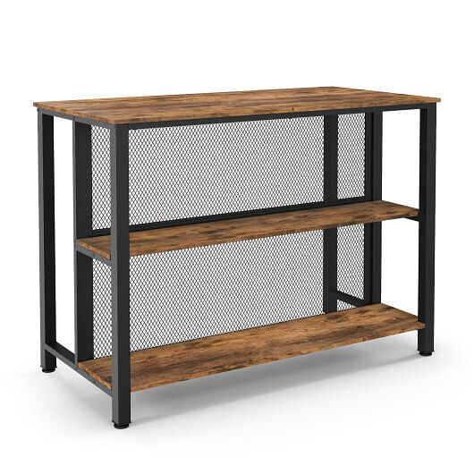 36 Inch 3-Tier Bar Table with Storage Metal Frame Adjustable Foot Pads for Dining Room-Rustic Brown
