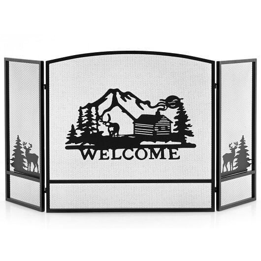 55 x 29.5 Inch Fireplace Screen with Natural Scenery and Moose Pattern-Black