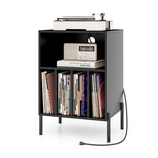 Record Player Stand with Record Storage Shelf and Charging Station-Black