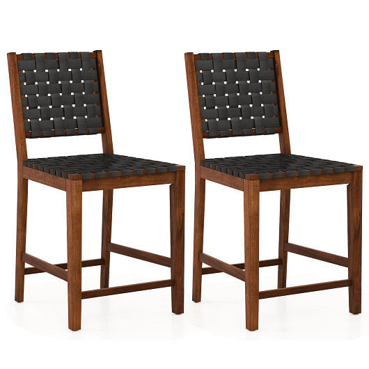 Set of 2 Woven Bar Stools with Faux PU Leather Straps-Black