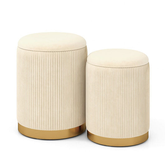 Velvet/Linen Fabric Storage Ottoman Set of 2-Gray