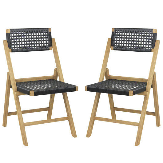 Set of 2 Folding Chairs Indonesia Teak Wood Dining Chairs with Woven Rope Seat and Back