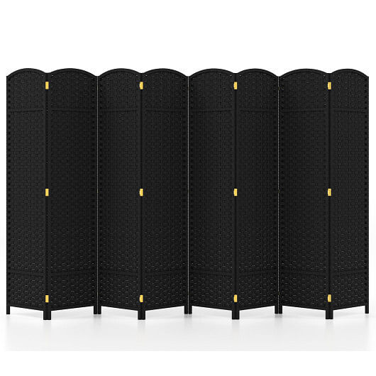 8-Panel Folding Room Divider with Hand-woven Texture and Wood Frame-Black