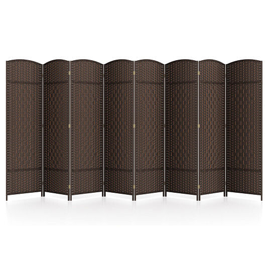 8-Panel Folding Room Divider with Hand-Woven Texture and Solid Wood Frame-Black