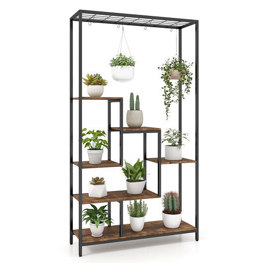 6-Tier Tall Plant Stand 71″ Metal Indoor Plant Shelf with 10 Hanging Hooks-Rustic Brown