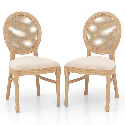 Set of 2 Dining Chairs French Style Kitchen Chair with Hand-Woven Rattan Backrest-Beige