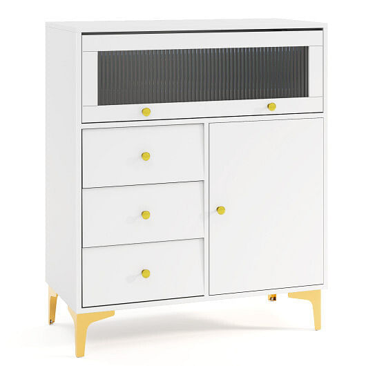 Chest of Drawers with Flip Up Fluted Glass Door for Bedroom Kitchen-Gray