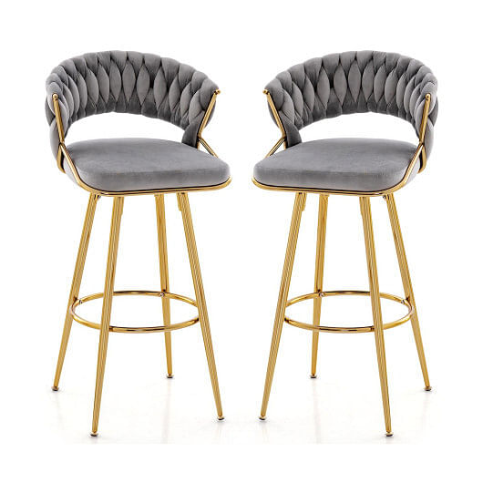 29 Inch Velvet Bar Stool Set of 2 with Woven Backrest and Gold Metal Legs-Gray