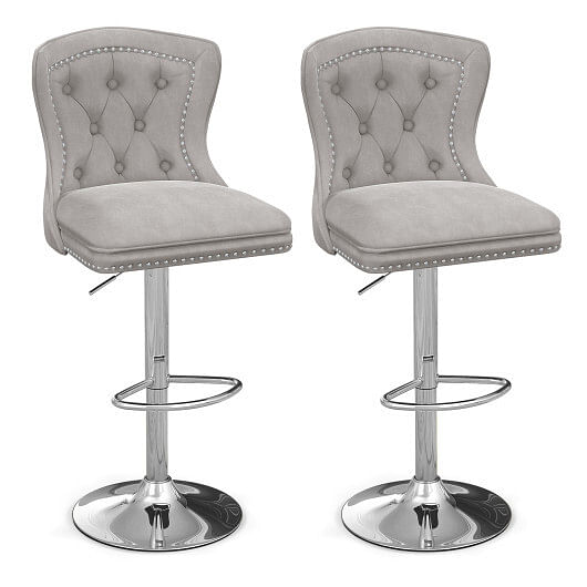 Set of 2 Bar Chairs with Footrest  Electroplated Metal Base and Anti-Slip Ring-Gray