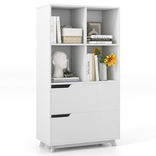 4-Tier Open Bookcase with 2 Drawers and 4 Storage Cubes-White