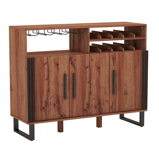 Home Wine Bar Cabinet with 3 Doors and Adjustable Shelves-Brown