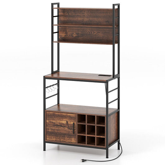 Coffee Bar Cabinet with S-Shaped Hooks and Wine Bottle Holders-Rustic Brown