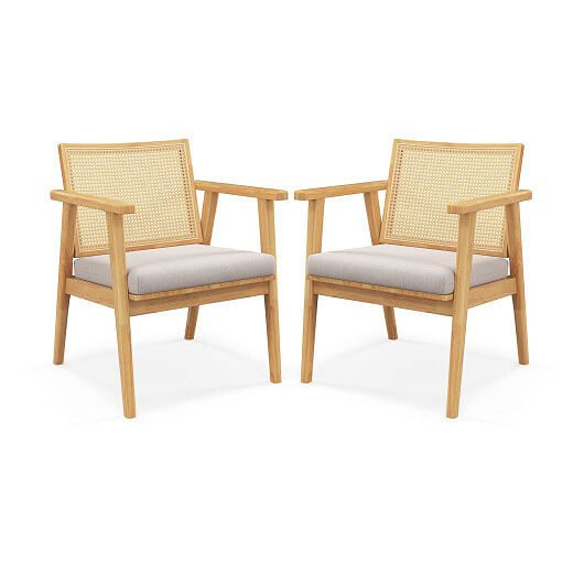 Mid Century Modern Accent Chairs Set of 2 with Breathable Rattan Back-Natural