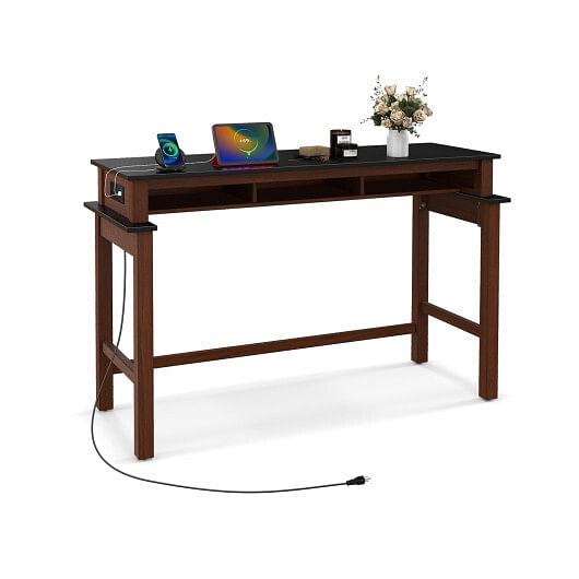 3-Piece Home Bar Set with 2 Upholstered Bar Stools  Outlets and USB Ports-Gray