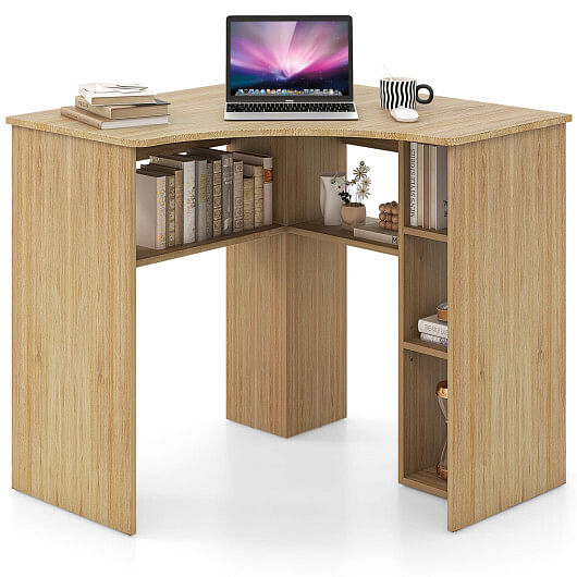 Corner Computer Desk Triangle Home Office Desk with Adjustable Shelf and Arc-Shaped Profile-White