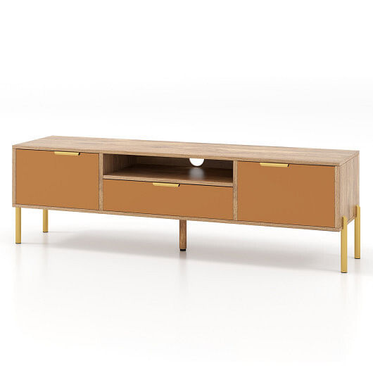 Mirrored TV Stand for TV up to 65 Inch with Spacious Tabletop and 2 Storage Cabinets-Natural