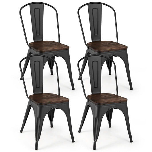 Metal Dining Chairs Set of 4 Tolix Style Stackable Kitchen Chairs with Wood Seat-Black