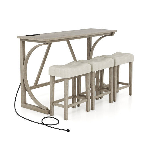 4-Piece Bar Table Set with Power Outlet and Upholstered Saddle Seat Stools-Grey and Beige