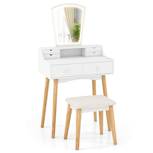 Vanity Desk Set with 3-Color Adjustable LED Lighted Mirror and Drawers-White