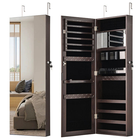 43.5 Inch Jewelry Mirror Cabinet with Full-length Mirror and Adjustable Hangers-Dark Brown