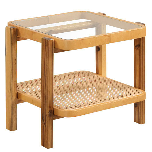Rattan 2-Tier End Side Table with Tempered Glass Top Acacia Wood Legs-Brown